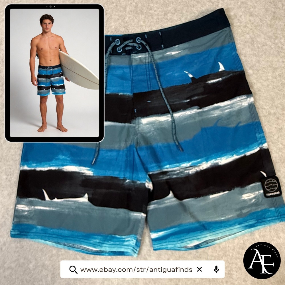 Fishworks Board Shorts Mens 35 Blue Shark Stripe Quatch Stretch Swim Trunks